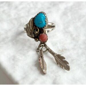 Turquoise & Coral Southwest Style Leaf Sterling Silver 925 Vintage Ring - sz 4